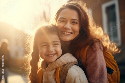 Happy mother and daughter smiling together outdoors in city during golden hour