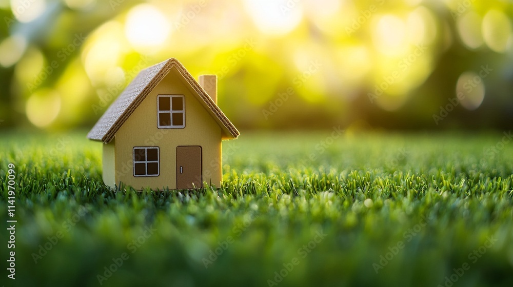 home and life concept. Small model home on green grass with sunlight abstract background. real state home and life concept. Small model home on green grass with sunlight abstract background. real state