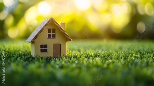 home and life concept. Small model home on green grass with sunlight abstract background. real state