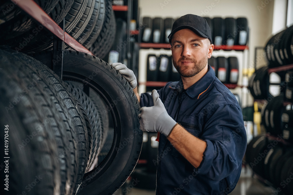 Friendly facial expression, in cap. Man worker is maintenance station with tires, wheels Friendly facial expression, in cap. Man worker is maintenance station with tires, wheels