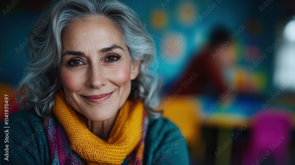 A joyful elderly woman presents a warm smile while surrounded by a vibrant and colorful setting, symbolizing the beauty of age and happiness in life. A joyful elderly woman presents a warm smile while surrounded by a vibrant and colorful setting, symbolizing the beauty of age and happiness in life.