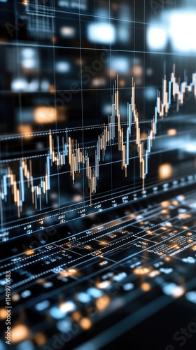 Glowing blue candles illustrate stock market fluctuations against a dark background, symbolizing business dynamics and investment strategies photo