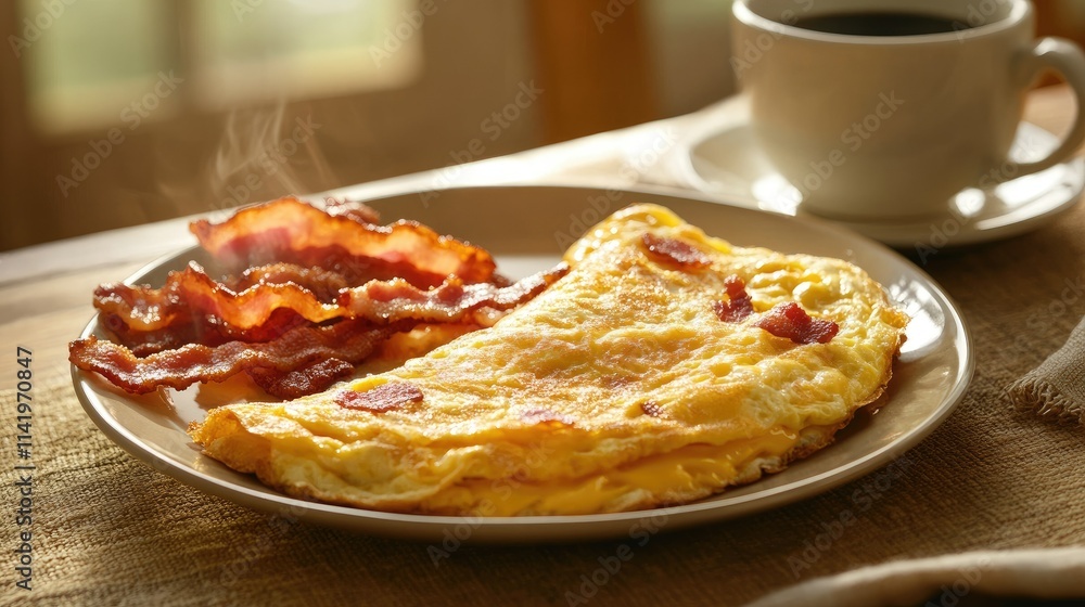 A fluffy cheese omelet with a side of crispy bacon and a steaming cup of coffee on a sunny morning table A fluffy cheese omelet with a side of crispy bacon and a steaming cup of coffee on a sunny morning table