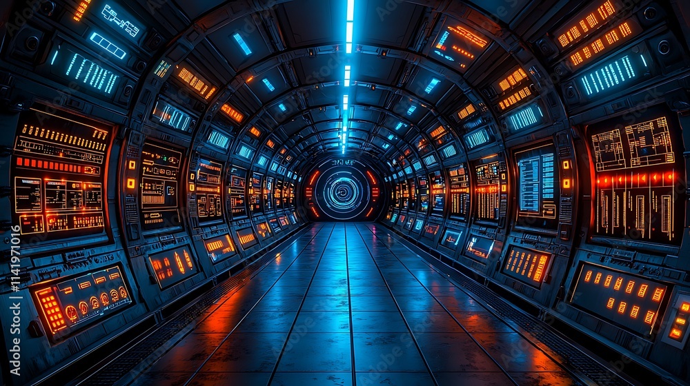 Futuristic Spaceship Corridor With Illuminated Control Panels Futuristic Spaceship Corridor With Illuminated Control Panels