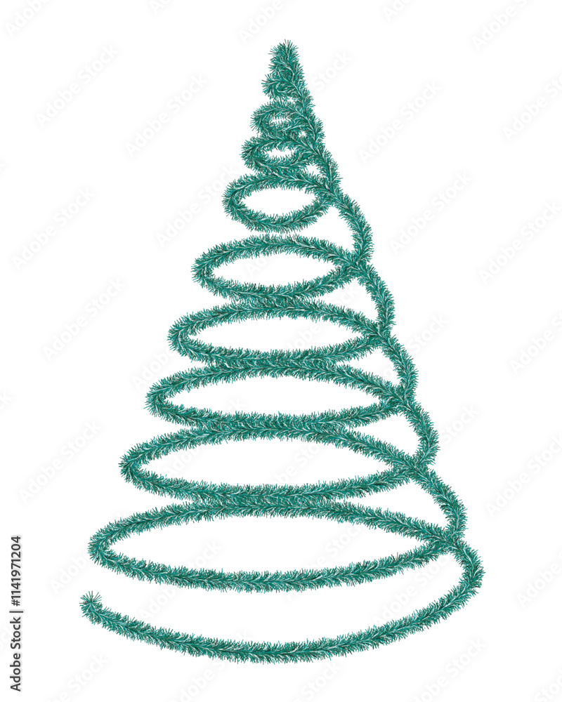 Christmas tree. Green spruce in the shape of a spiral. Tree made of fluffy tinsel. Color vector illustration. Isolated white background. Festive plush fir for the new year. Idea for web design. Christmas tree. Green spruce in the shape of a spiral. Tree made of fluffy tinsel. Color vector illustration. Isolated white background. Festive plush fir for the new year. Idea for web design.