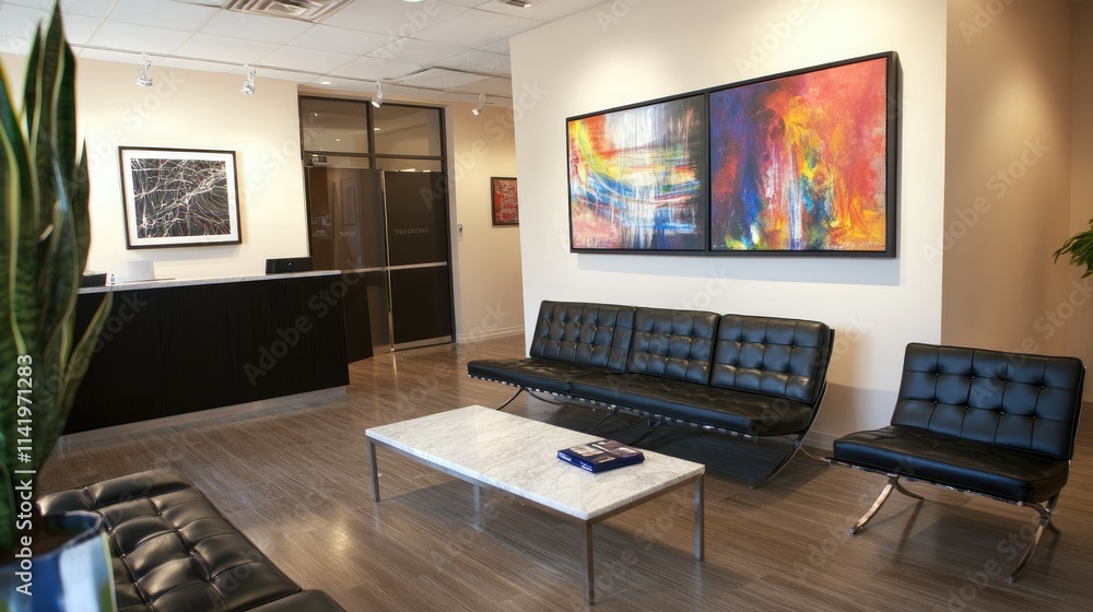 A formal office reception area with a sleek black leather sofa, a marble table, and modern artwork on the walls A formal office reception area with a sleek black leather sofa, a marble table, and modern artwork on the walls