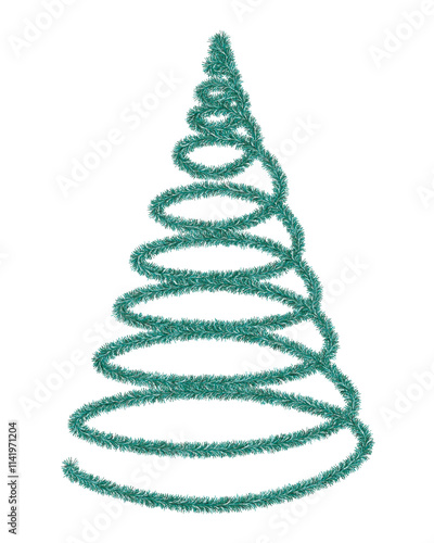 Christmas tree. Green spruce in the shape of a spiral. Tree made of fluffy tinsel. Color vector illustration. Isolated white background. Festive plush fir for the new year. Idea for web design.