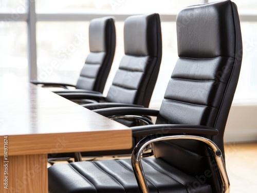 A sleek conference room featuring three modern black leather chairs around a polished wooden table, designed for professional meetings.