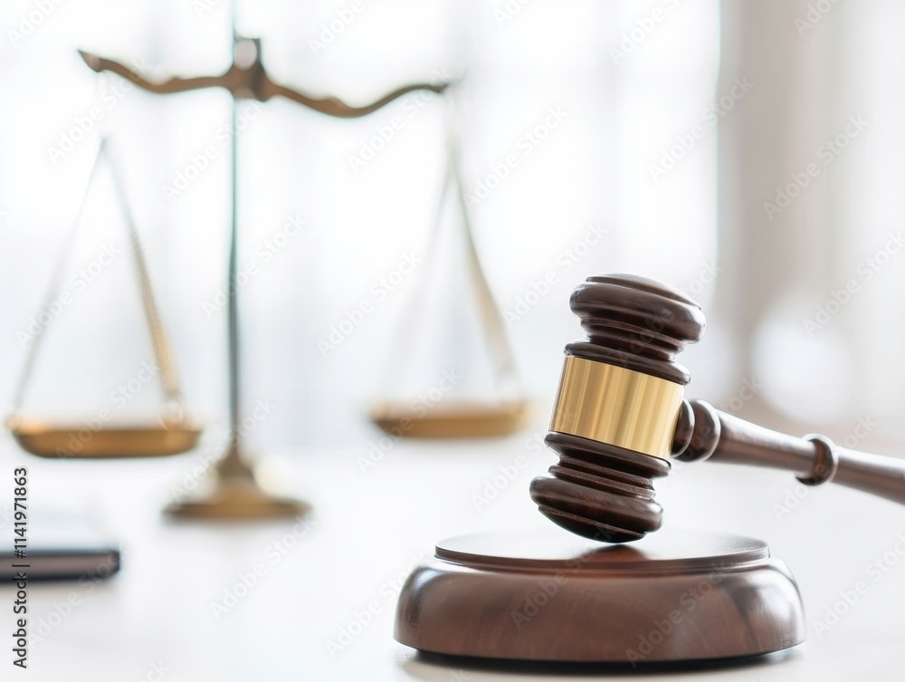 A gavel rests on a wooden block, with scales of justice in the background, symbolizing law, order, and legal proceedings. A gavel rests on a wooden block, with scales of justice in the background, symbolizing law, order, and legal proceedings.