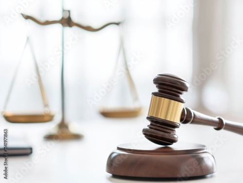 A gavel rests on a wooden block, with scales of justice in the background, symbolizing law, order, and legal proceedings.