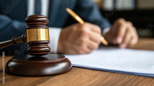 A gavel rests on a table as a person writes, symbolizing legal proceedings and the importance of documentation in law.