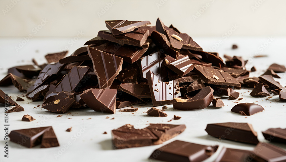 A close-up of a heap of broken chocolate pieces, showcasing their rich texture and tempting allure. Perfect for celebrating the ultimate chocolate craving. A close-up of a heap of broken chocolate pieces, showcasing their rich texture and tempting allure. Perfect for celebrating the ultimate chocolate craving.