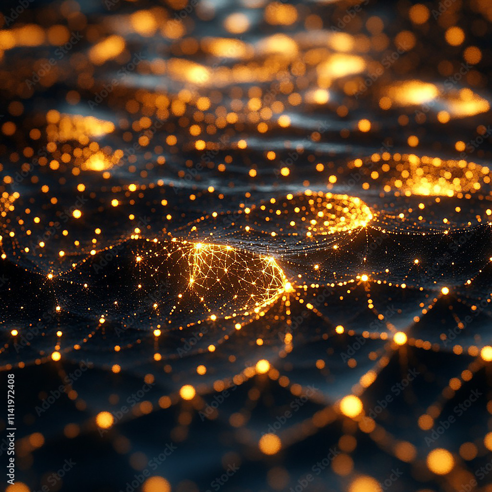 Abstract Digital Network Concept with Golden Lights Over Dark Background, Representing Data Flow, Connectivity, and Modern Technology in a Futuristic Style Abstract Digital Network Concept with Golden Lights Over Dark Background, Representing Data Flow, Connectivity, and Modern Technology in a Futuristic Style
