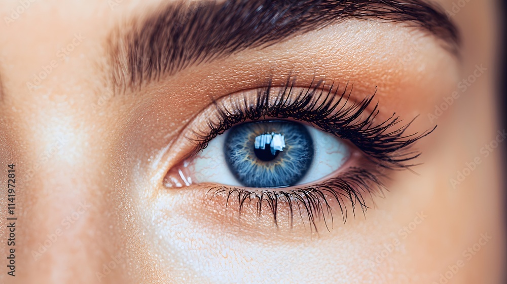 Close-up of a striking blue eye with thick lashes and well-groomed eyebrows. Close-up of a striking blue eye with thick lashes and well-groomed eyebrows.