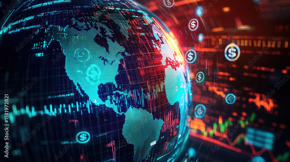 3D globe with currency symbols and financial data visualization 3D globe with currency symbols and financial data visualization