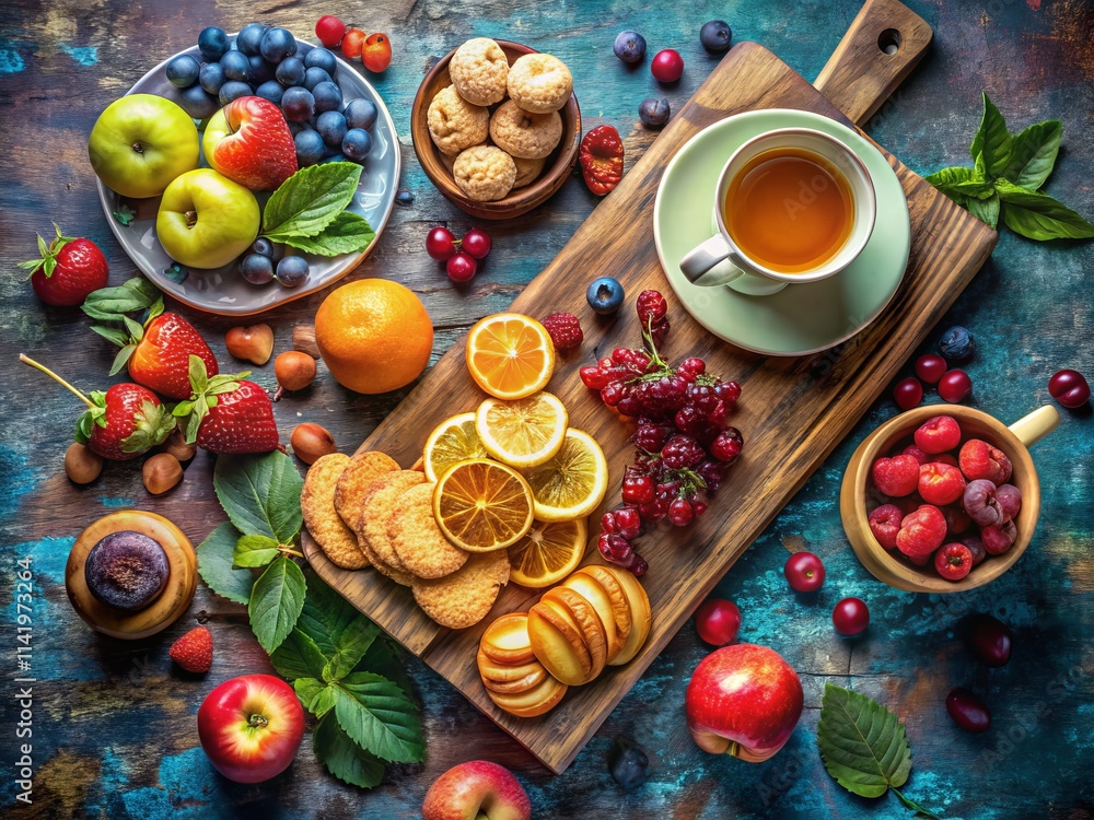 Aerial View: Fresh Fruit, Tea, Biscuits & Cakes on Wooden Board - Delicious Still Life Photography Aerial View: Fresh Fruit, Tea, Biscuits & Cakes on Wooden Board - Delicious Still Life Photography
