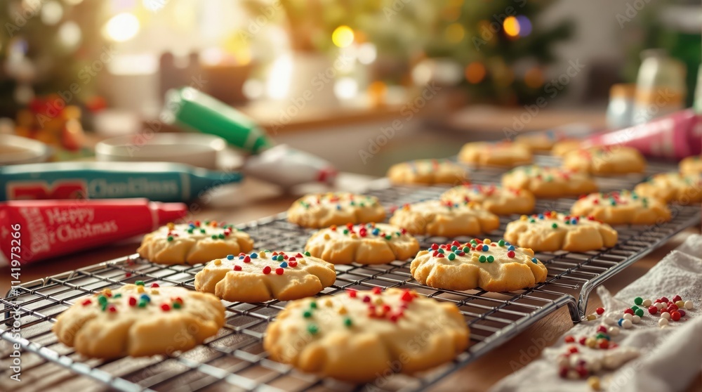 Delicious homemade Christmas cookies with colorful sprinkles on a cooling rack. Festive baking scene with holiday decorations. Perfect for blogs, websites, and recipe books Delicious homemade Christmas cookies with colorful sprinkles on a cooling rack. Festive baking scene with holiday decorations. Perfect for blogs, websites, and recipe books