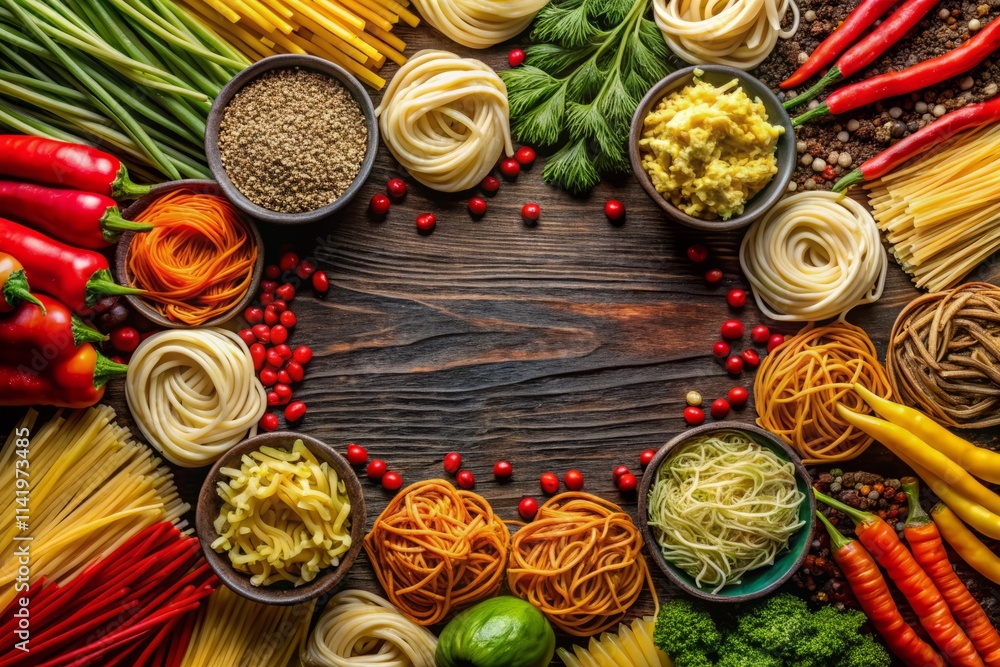 Aerial View Asian Noodle Border: Delicious Overhead Shot of Oriental Noodles, Diverse Asian Cuisine Aerial View Asian Noodle Border: Delicious Overhead Shot of Oriental Noodles, Diverse Asian Cuisine