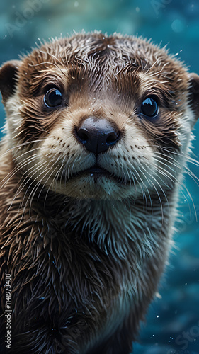 Adorable baby otter portrait, wet glossy fur, round face with button nose, background of cool blue water hues photo