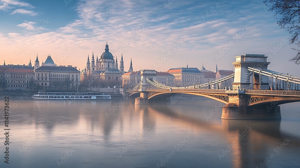 Obraz premium Serene Sunrise over the Chain Bridge and Parliament Building. AI Generated
