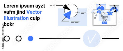 Abstract geometric elements, shopping interface with Buy button, and two team members collaborating. Ideal for e-commerce websites, online shopping, teamwork, user interface design, tech startups