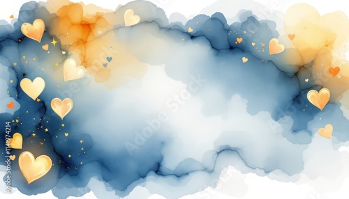 Gold Hearts on Blue and Orange Watercolor Background for Wedding Invitations