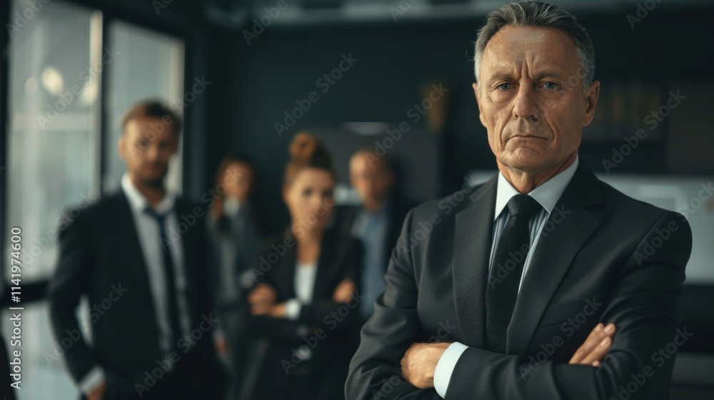 Confident businessman standing in an office with colleagues blurred in the background.
Confident businessman standing in an office with colleagues blurred in the background.
