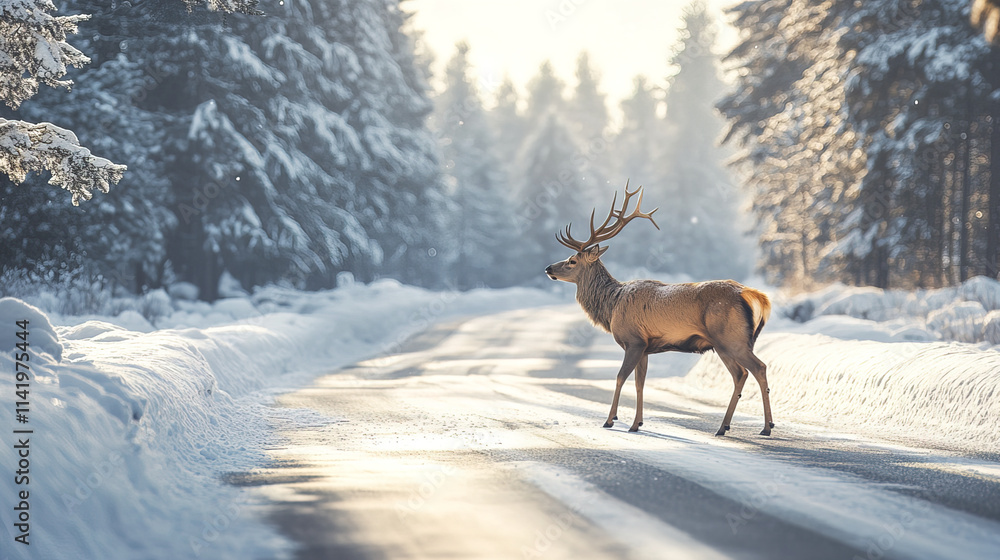 deer crossing snowy road surrounded by trees in winter deer crossing snowy road surrounded by trees in winter