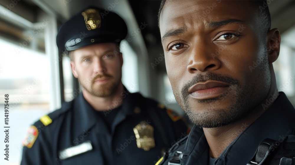 Serious African American Police Officer on Duty, Law Enforcement, Protection, and Security Serious African American Police Officer on Duty, Law Enforcement, Protection, and Security