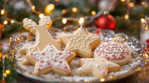 Delicious Christmas gingerbread cookies on a plate. Festive decoration with lights and ornaments. Perfect for holiday cards, blogs, and websites