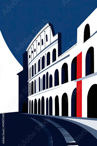 A stylized representation of the Colosseum, showcasing its architectural grandeur against a simplistic backdrop, symbolizing the rich history of Roman civilization.