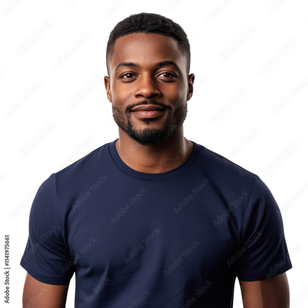 Black Man Wearing Navy Blue T-Shirt for Lifestyle and Fashion Context on Transparent Background Black Man Wearing Navy Blue T-Shirt for Lifestyle and Fashion Context on Transparent Background