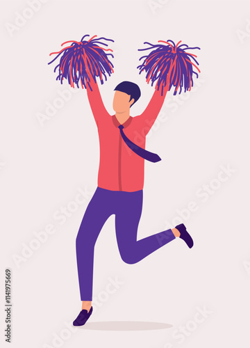 Businessman Jumping With Pom-Pom In Both Of His Hands.