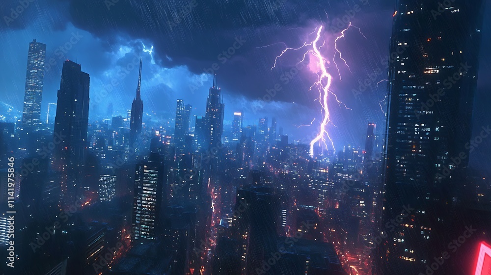 Cyberpunk Cityscape Under a Violent Night Storm: Digital Painting. AI Generated Cyberpunk Cityscape Under a Violent Night Storm: Digital Painting. AI Generated