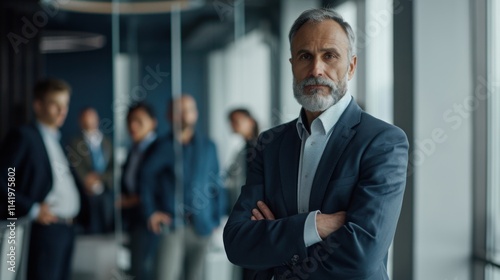 Confident businessman standing in an office with colleagues blurred in the background.