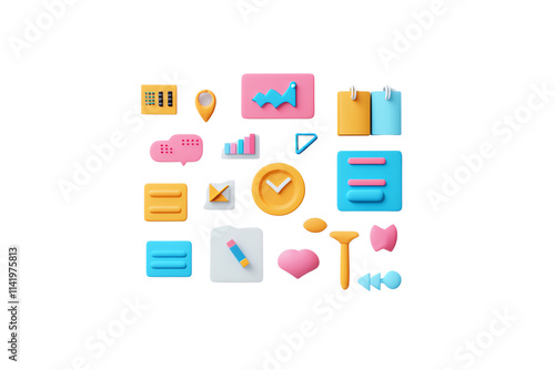 A collection of colorful icons representing various digital tools, including charts, messages, tasks, and notes.