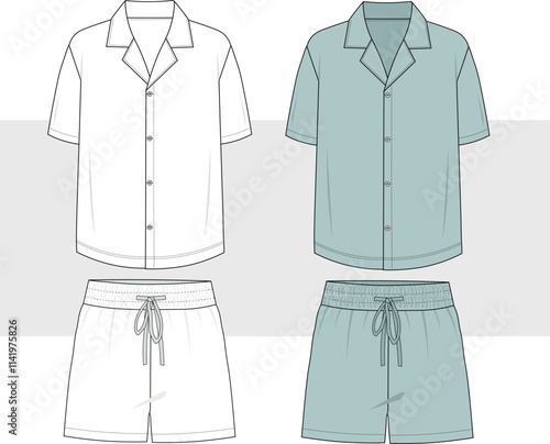 Short Sleeve Pajamas Suit, Nightwear Suit, Sleepwear Suit, men, Unisex oversize Fashion Illustration, Vector, Technical Drawing, Mockup. 