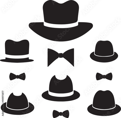 A vector illustration of a collection of men's fashion hats including fedora, bowler, and cowboy styles, perfect as a design accessory