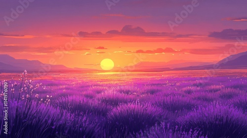 Sunset over Lavender Field Landscape Painting