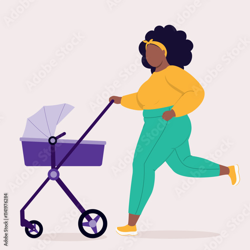 Side View Of A Plus Size Black Mother Jogging While Pushing A Baby Stroller.