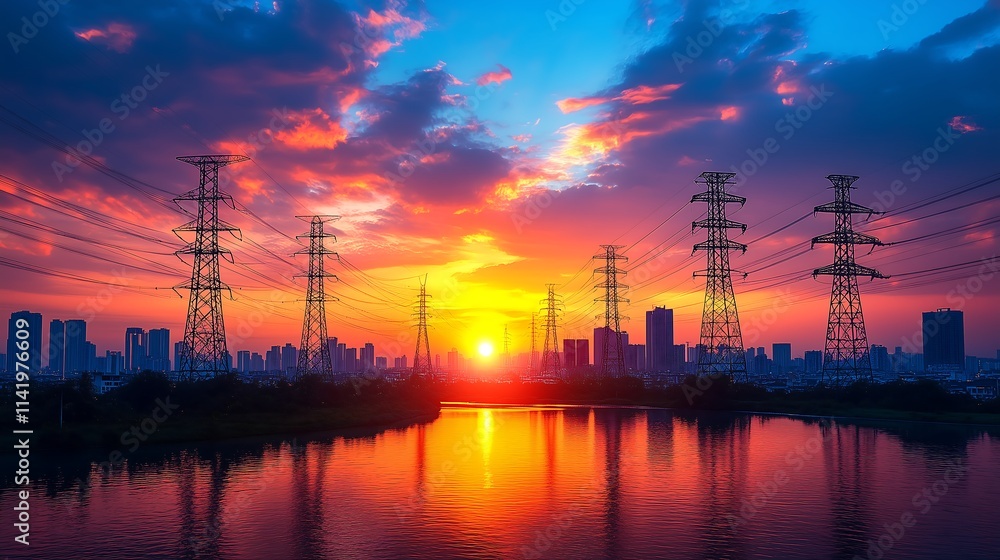 Fototapeta premium Sunset Power Lines: Silhouettes of power lines against a breathtaking sunset sky, reflecting on a tranquil lake, symbolizing energy, progress, and the interconnectedness of nature and technology. 