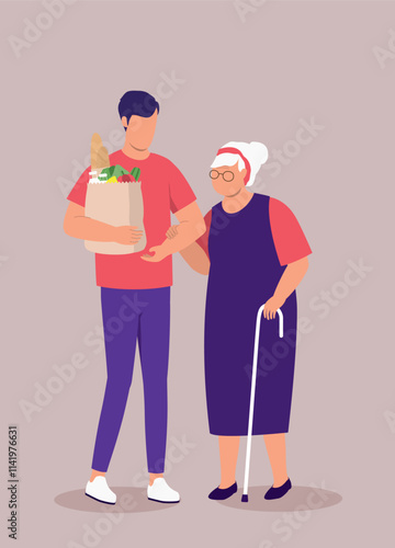 Adult Son Helping His Elderly Mother With The Groceries.