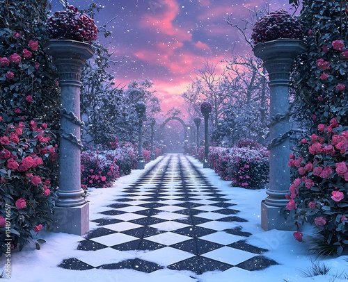 A snowy Queen of Hearts garden at night features a checkered walkway Christmas decorations and a blue-purple sky photo