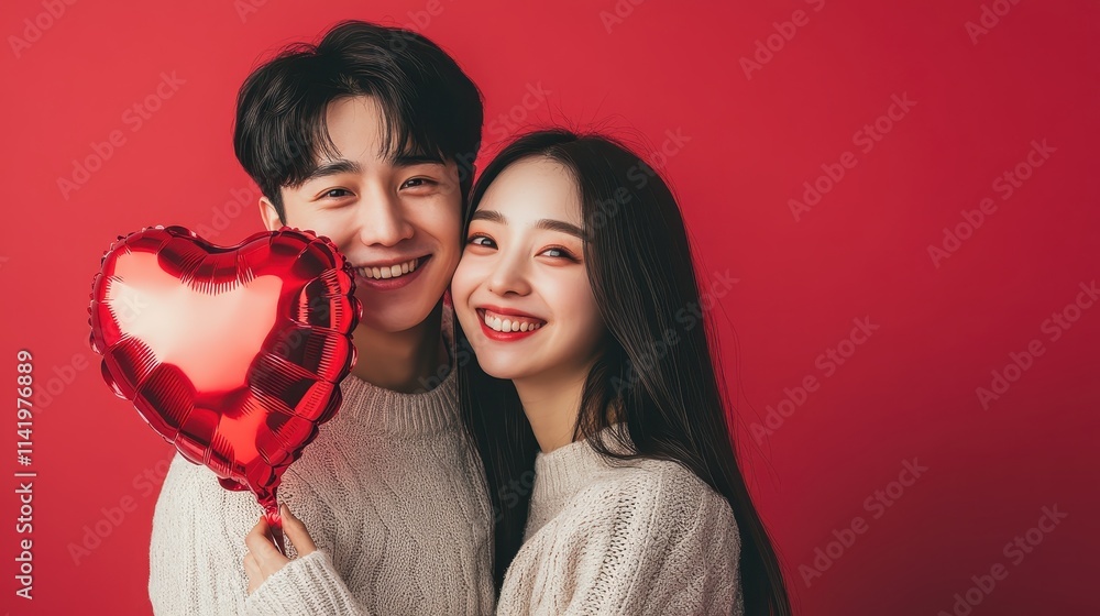 Young couple in love holding a heart balloon,kissing,anniversary wedding,Valentine day,holiday card,copy space,Romantic evening together,Love symbol concept. Young couple in love holding a heart balloon,kissing,anniversary wedding,Valentine day,holiday card,copy space,Romantic evening together,Love symbol concept.