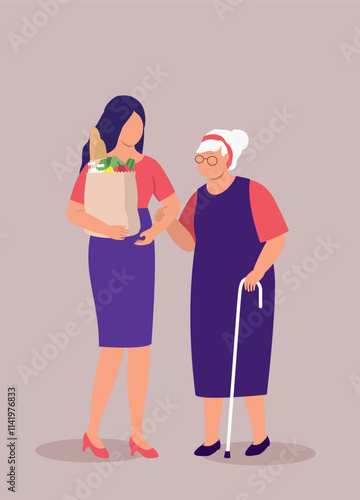 Adult Daughter Helping Her Elderly Mother With The Groceries.