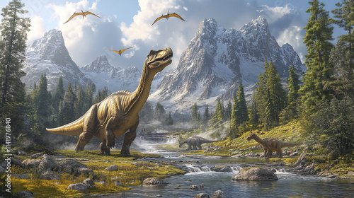 Fototapeta Naklejka Na Ścianę i Meble -  dynamic illustration showcasing different dinosaurs in lush landscape