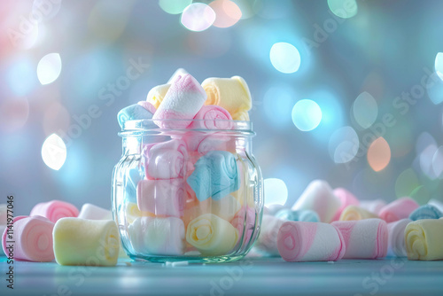 Soft, Chewy Pastel Marshmallows in a Transparent Glass Jar photo