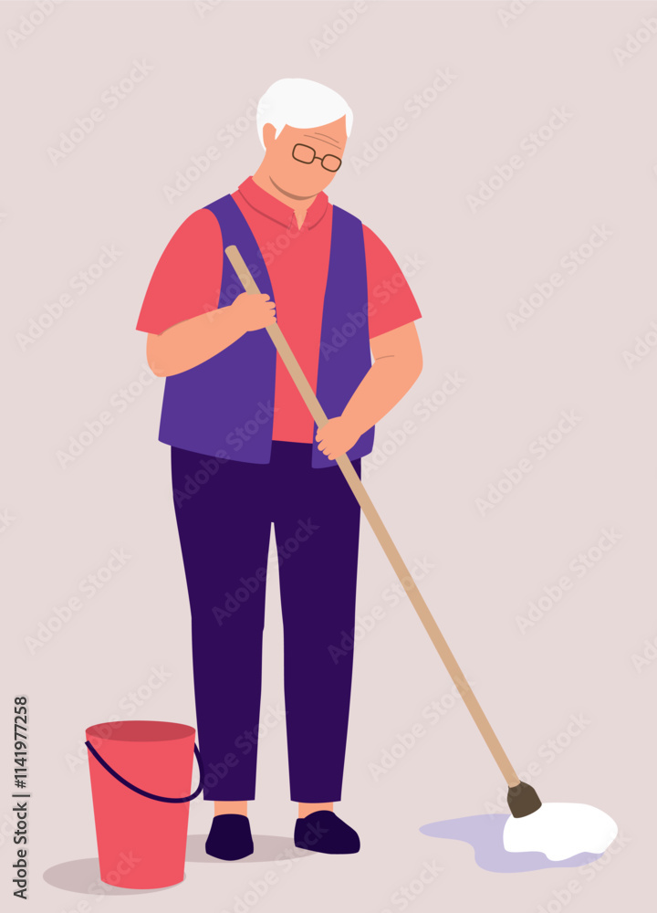 One Elderly Man Mopping The Wet Floor With Mop And A Bucket Of Water. One Elderly Man Mopping The Wet Floor With Mop And A Bucket Of Water.