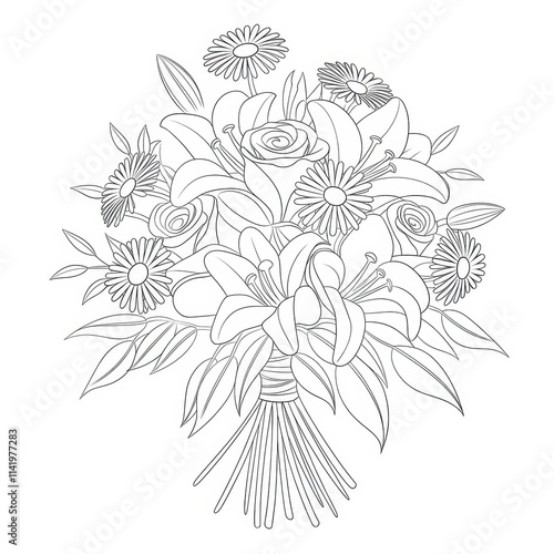 Wallpaper Mural Elegant Lilies Roses and Daisies Bouquet Illustration Torontodigital.ca