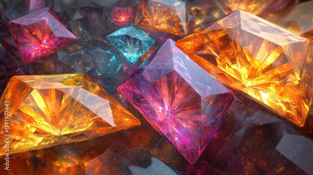 A dazzling array of colorful gems, multifaceted and lustrous, with vibrant hues of orange, pink, and teal. A dazzling array of colorful gems, multifaceted and lustrous, with vibrant hues of orange, pink, and teal.
